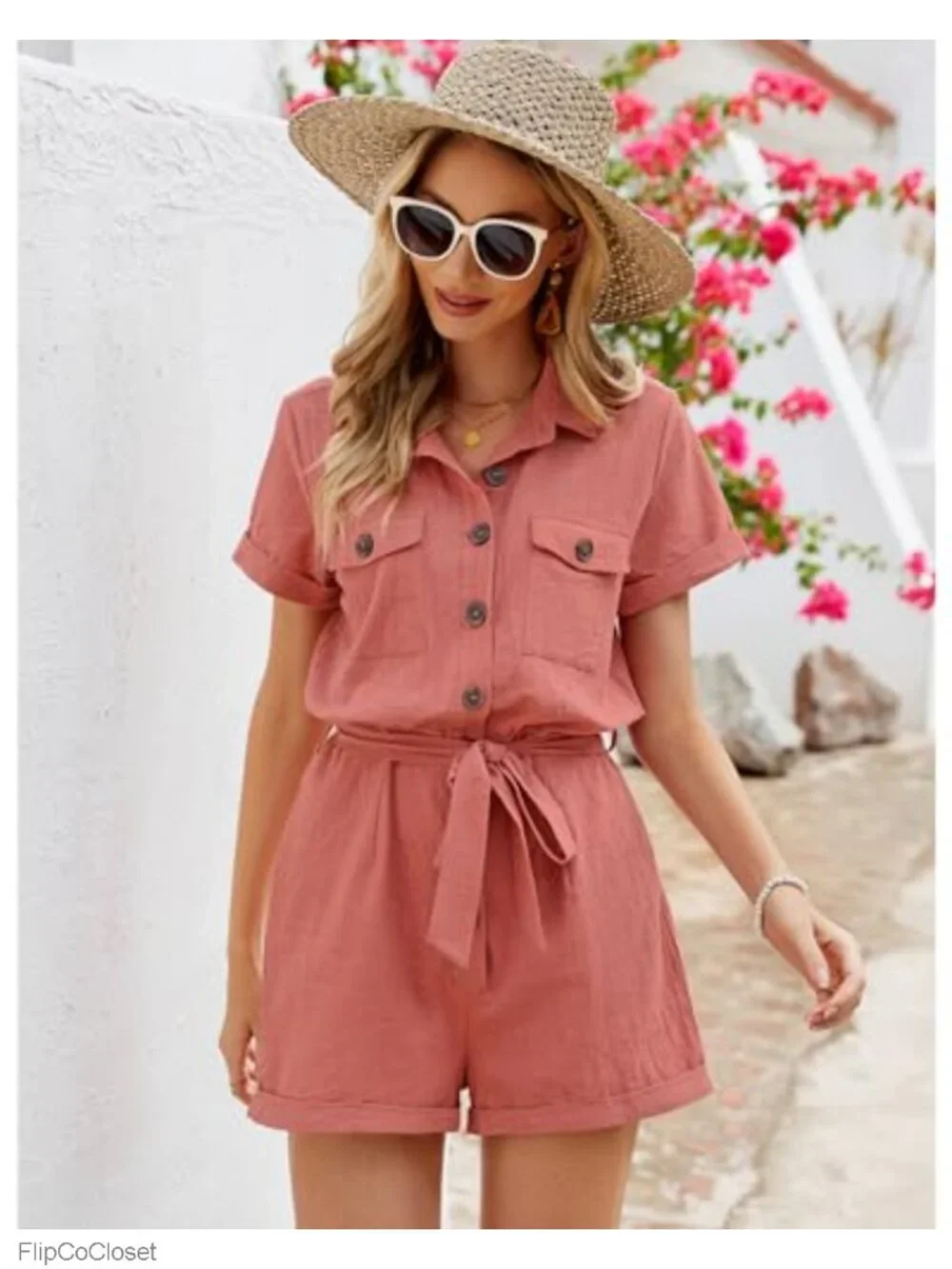 Women's Cotton Short Sleeve Button Down Romper with Belt